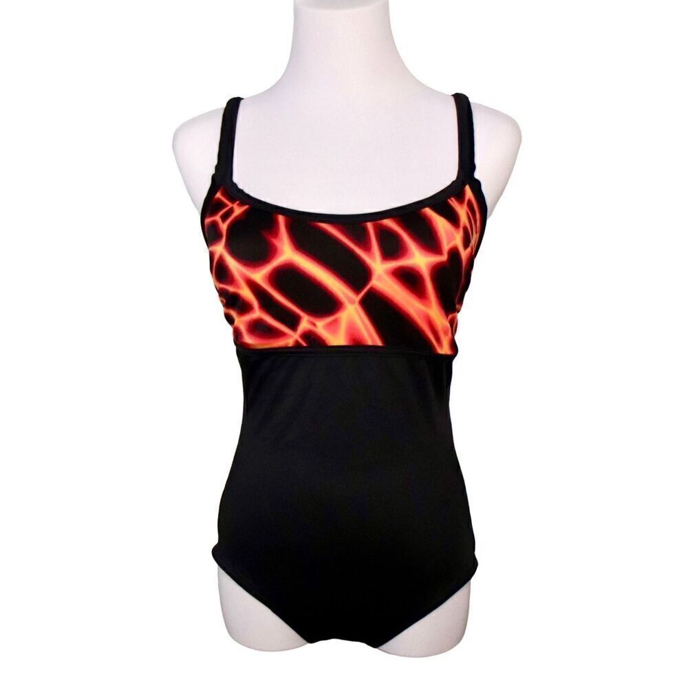 A‎ & H Sportswear On Fire Black Tank 1pc Swimsuit Built in Bra sz MEDIUM (8-10)